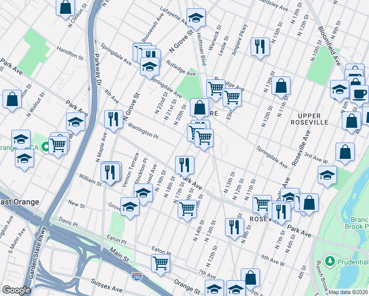 map of restaurants, bars, coffee shops, grocery stores, and more near 174 North 18th Street in East Orange