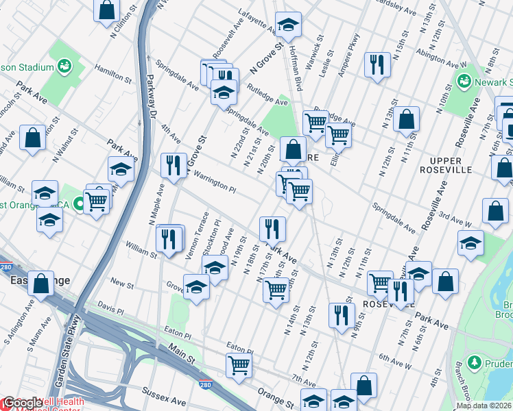 map of restaurants, bars, coffee shops, grocery stores, and more near 174 North 19th Street in East Orange