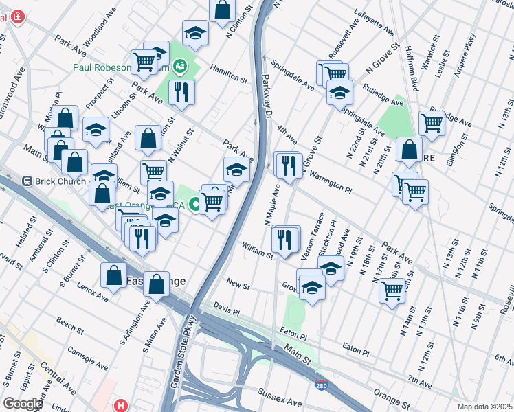 map of restaurants, bars, coffee shops, grocery stores, and more near 196 North Oraton Parkway in East Orange