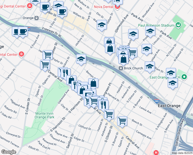 map of restaurants, bars, coffee shops, grocery stores, and more near in East Orange