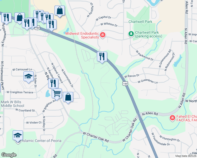 map of restaurants, bars, coffee shops, grocery stores, and more near 6323 North Jamestown Road in Peoria