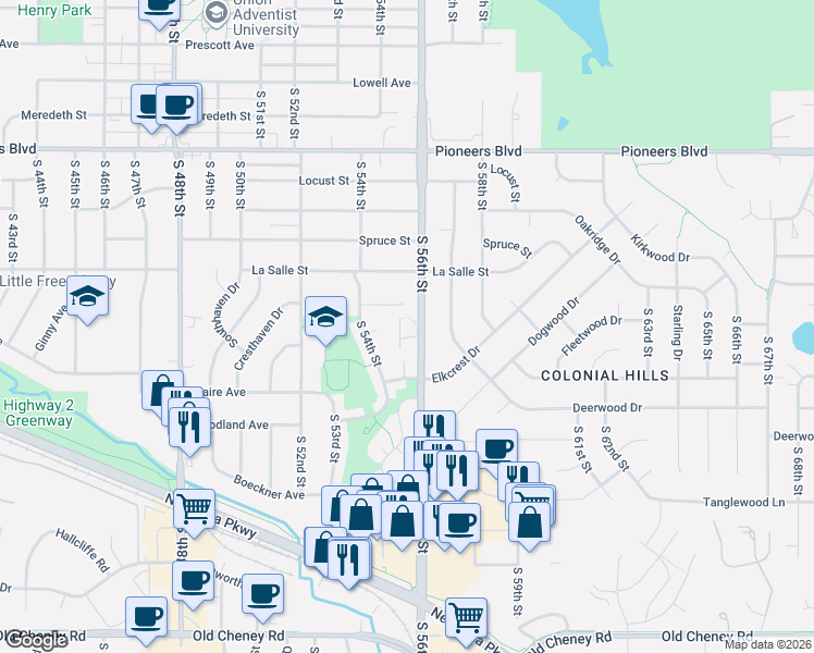 map of restaurants, bars, coffee shops, grocery stores, and more near 5501 Vavak Place in Lincoln