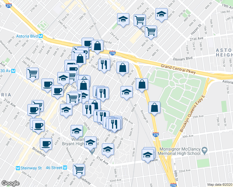 map of restaurants, bars, coffee shops, grocery stores, and more near 25-34 47th Street in Queens
