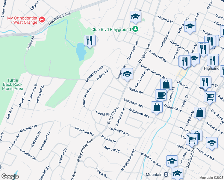 map of restaurants, bars, coffee shops, grocery stores, and more near 71 Lawrence Avenue in West Orange