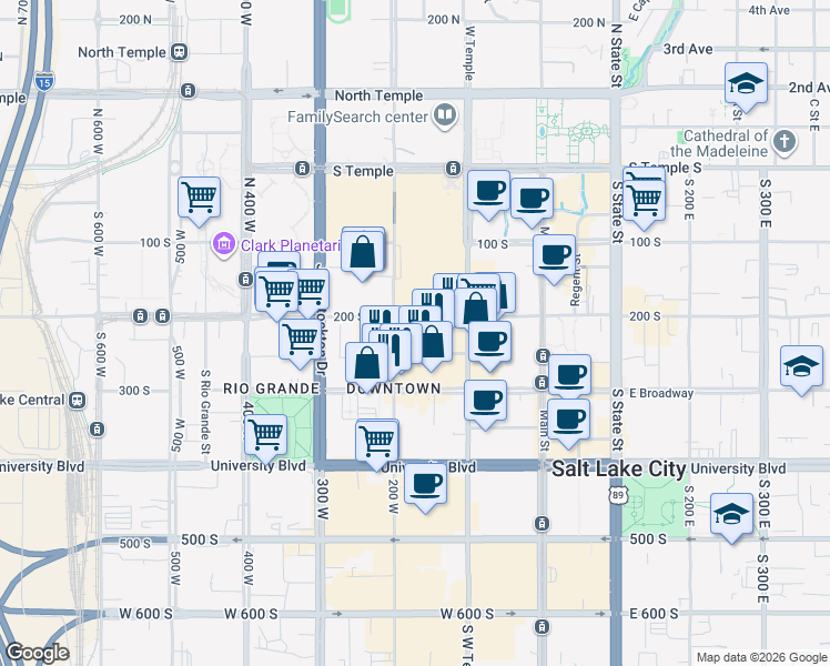 map of restaurants, bars, coffee shops, grocery stores, and more near 163 West 200 South in Salt Lake City