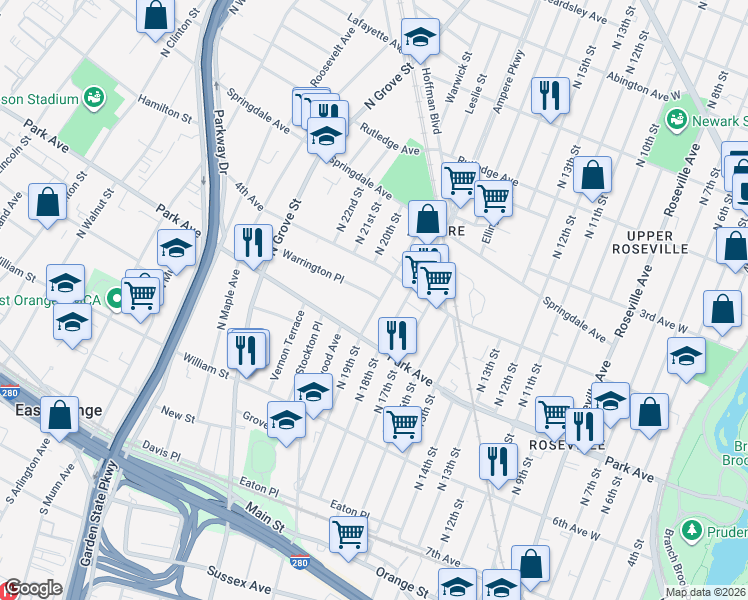 map of restaurants, bars, coffee shops, grocery stores, and more near 174 North 19th Street in East Orange