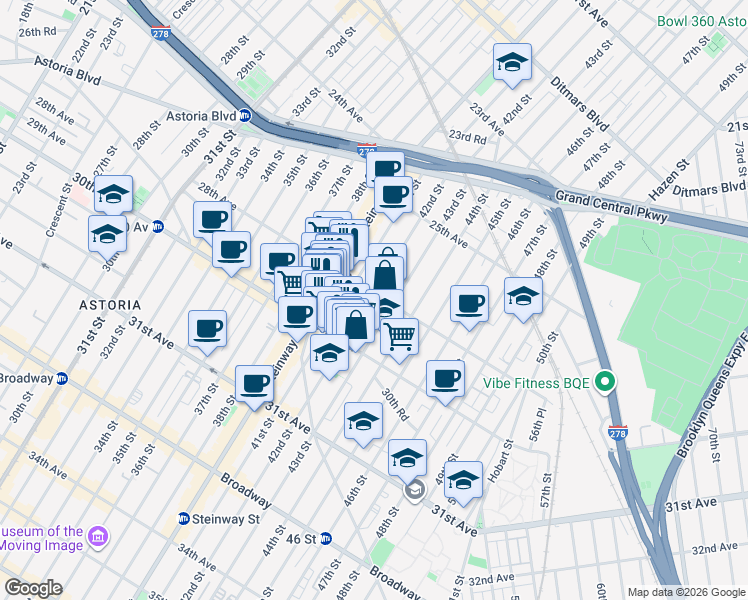 map of restaurants, bars, coffee shops, grocery stores, and more near 28-23 42nd Street in Queens