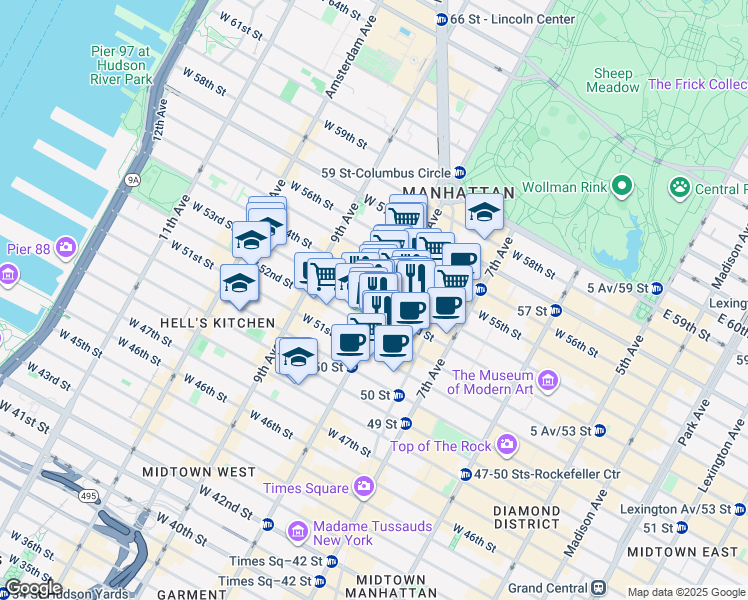 map of restaurants, bars, coffee shops, grocery stores, and more near 281 West 53rd Street in New York