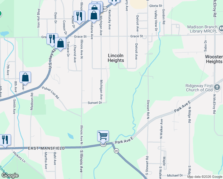 map of restaurants, bars, coffee shops, grocery stores, and more near 228 Lincoln Park Boulevard in Mansfield