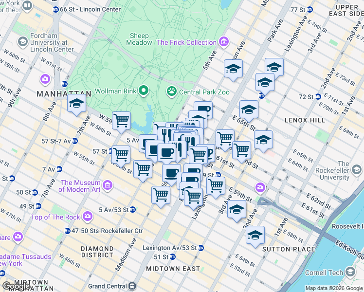 map of restaurants, bars, coffee shops, grocery stores, and more near 654 Madison Avenue in New York