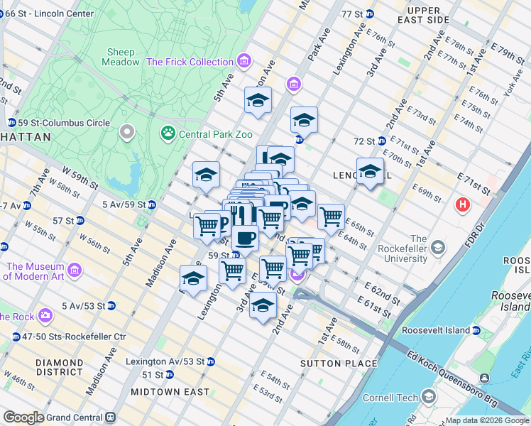 map of restaurants, bars, coffee shops, grocery stores, and more near in New York