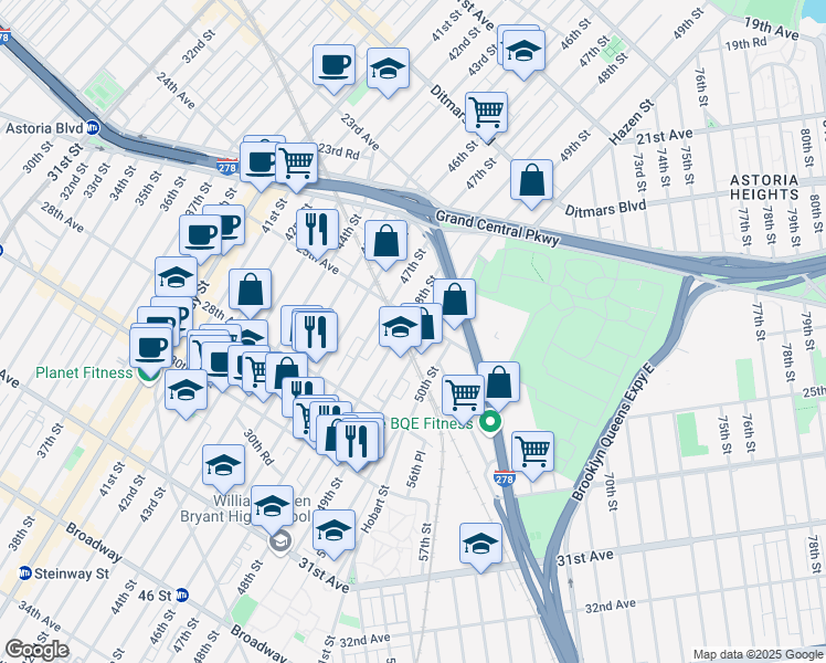 map of restaurants, bars, coffee shops, grocery stores, and more near 25-15 49th Street in Queens