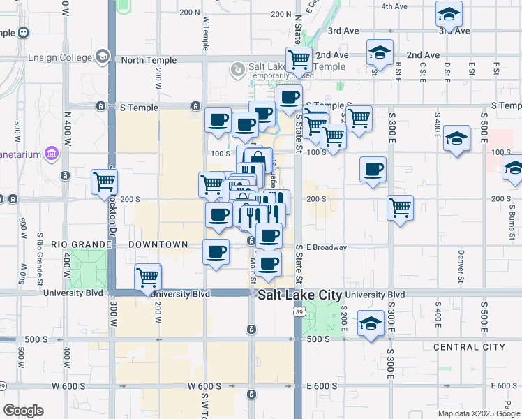 map of restaurants, bars, coffee shops, grocery stores, and more near 201 South Main Street in Salt Lake City