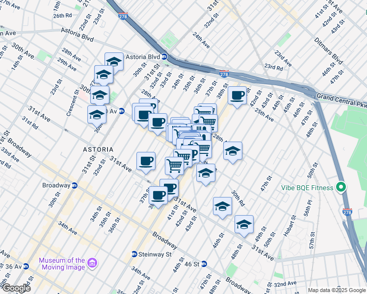 map of restaurants, bars, coffee shops, grocery stores, and more near 2858 Steinway Street in Queens