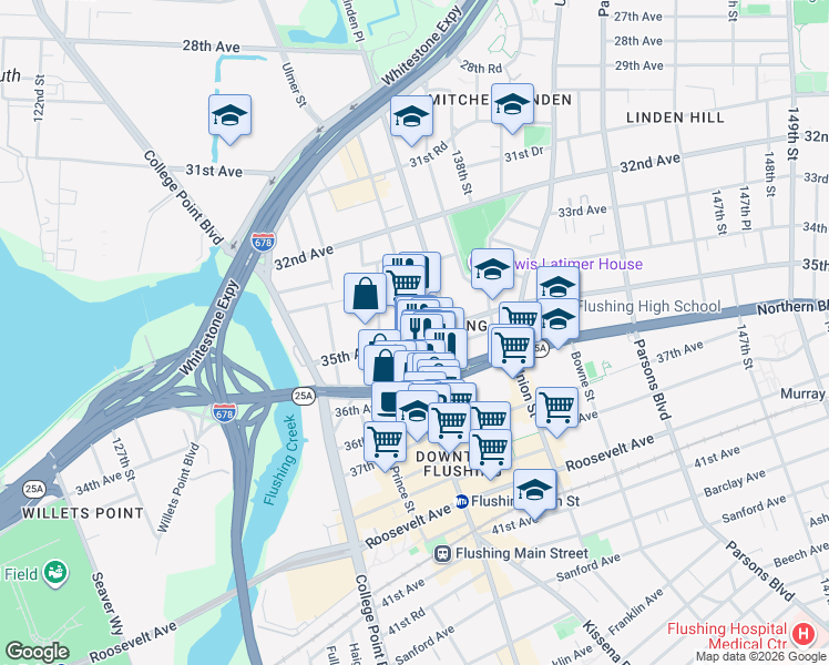map of restaurants, bars, coffee shops, grocery stores, and more near 35-15 Farrington Street in Queens