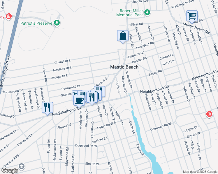 map of restaurants, bars, coffee shops, grocery stores, and more near 40 Commack Road in Mastic Beach