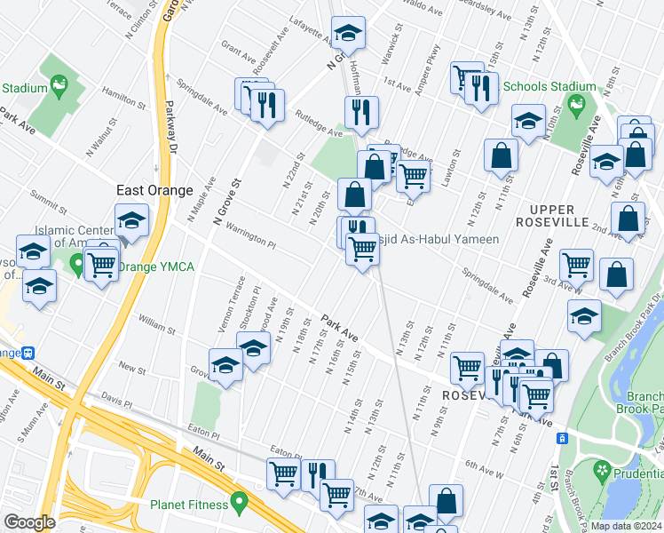 map of restaurants, bars, coffee shops, grocery stores, and more near 187 North 18th Street in East Orange