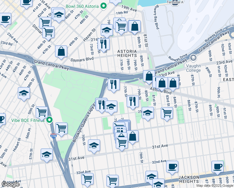 map of restaurants, bars, coffee shops, grocery stores, and more near 7502 Astoria Boulevard South in Queens