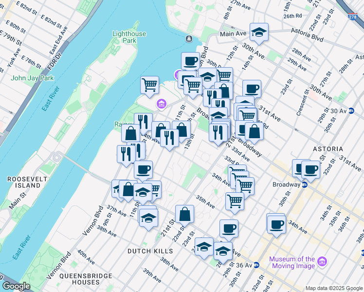 map of restaurants, bars, coffee shops, grocery stores, and more near 11-20 34th Avenue in Queens