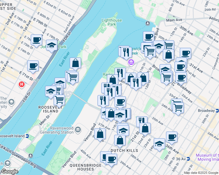 map of restaurants, bars, coffee shops, grocery stores, and more near 34-55 Vernon Boulevard in Queens