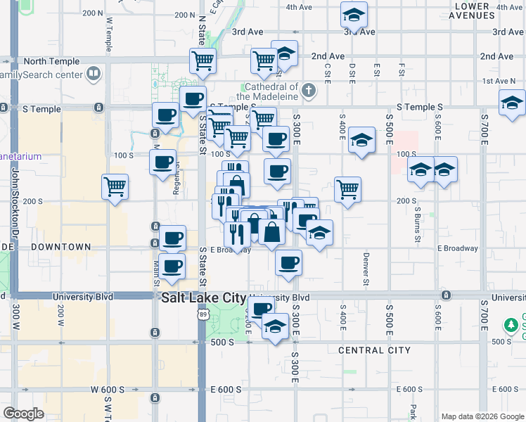 map of restaurants, bars, coffee shops, grocery stores, and more near 250 East 200 South in Salt Lake City