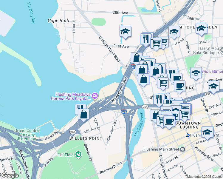 map of restaurants, bars, coffee shops, grocery stores, and more near 32-11 Harper Street in Queens