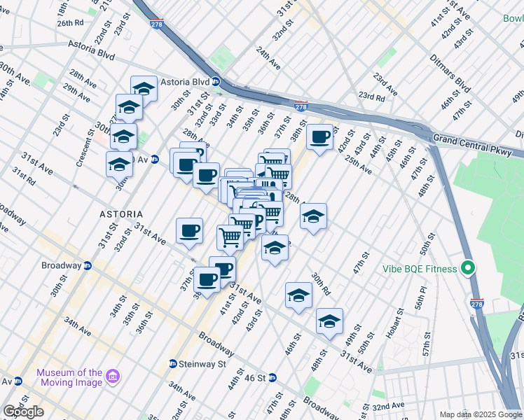map of restaurants, bars, coffee shops, grocery stores, and more near 2858 Steinway Street in Queens