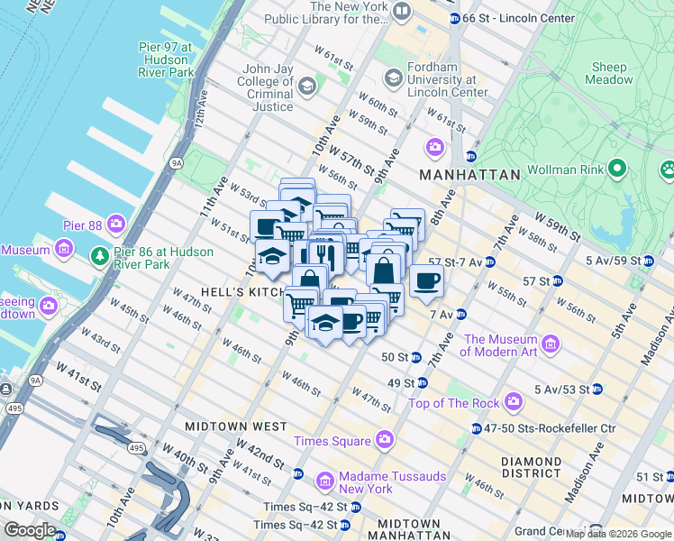 map of restaurants, bars, coffee shops, grocery stores, and more near 360 West 52nd Street in New York