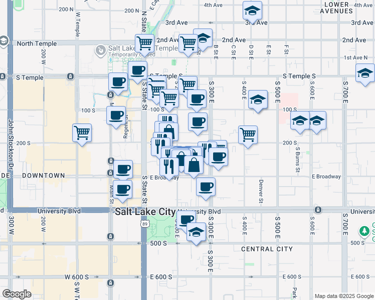 map of restaurants, bars, coffee shops, grocery stores, and more near 250 East 200 South in Salt Lake City