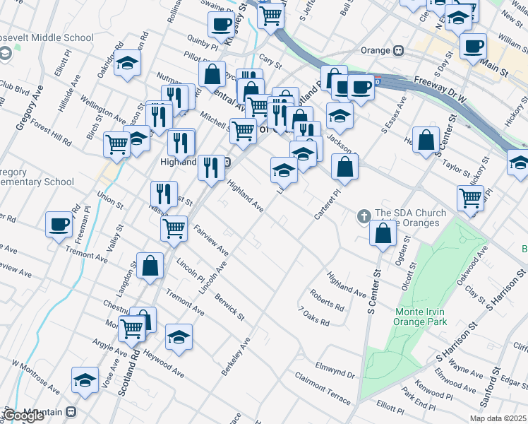 map of restaurants, bars, coffee shops, grocery stores, and more near Lincoln Ave & Highland Ave in City of Orange
