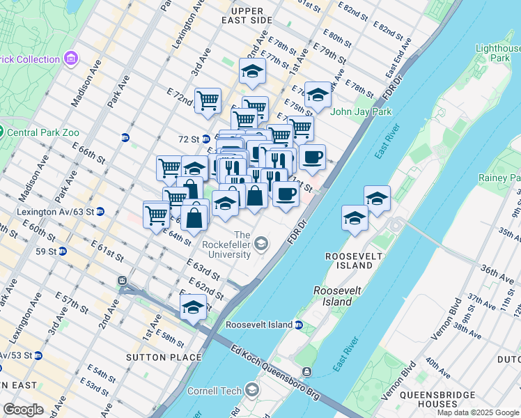 map of restaurants, bars, coffee shops, grocery stores, and more near 1283 York Avenue in New York