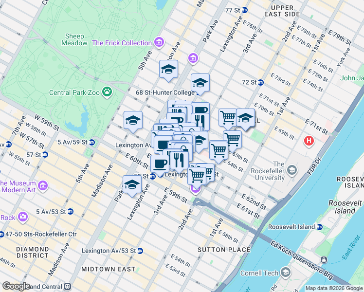 map of restaurants, bars, coffee shops, grocery stores, and more near in New York
