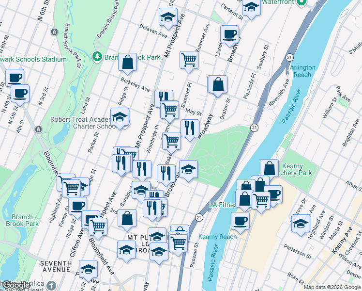 map of restaurants, bars, coffee shops, grocery stores, and more near 89 Wakeman Avenue in Newark