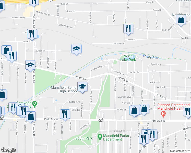 map of restaurants, bars, coffee shops, grocery stores, and more near 744 West 4th Street in Mansfield