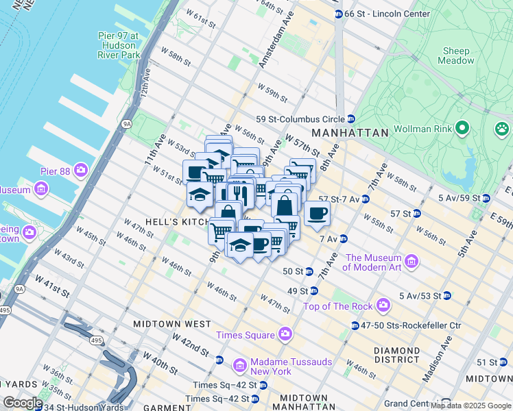 map of restaurants, bars, coffee shops, grocery stores, and more near 360 West 52nd Street in New York