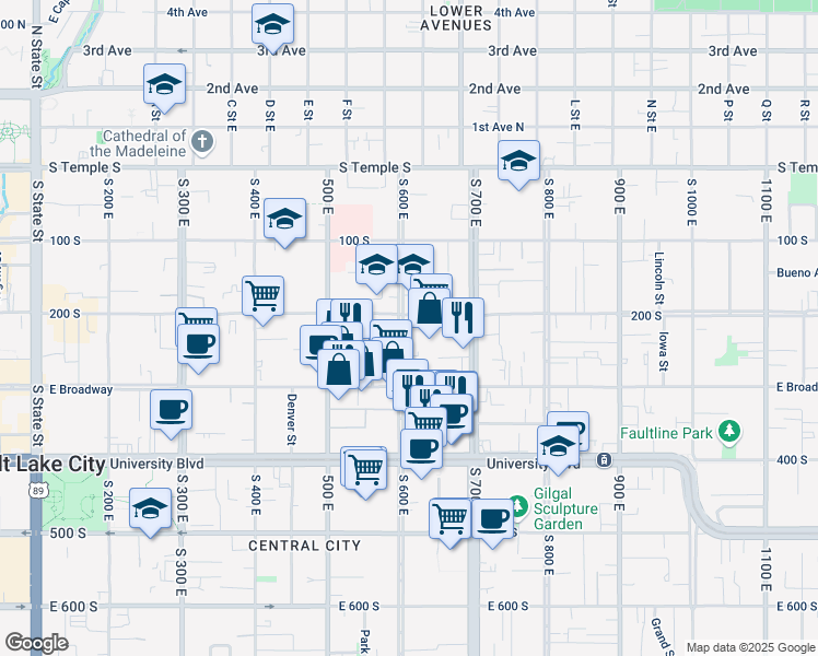 map of restaurants, bars, coffee shops, grocery stores, and more near 207 South 600 East in Salt Lake City