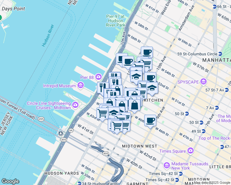 map of restaurants, bars, coffee shops, grocery stores, and more near 653 11th Avenue in New York
