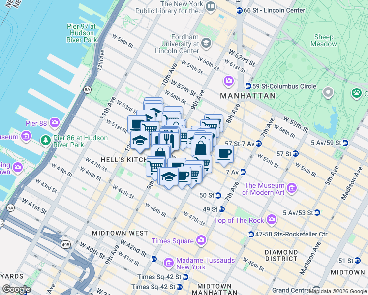 map of restaurants, bars, coffee shops, grocery stores, and more near 360 West 52nd Street in New York