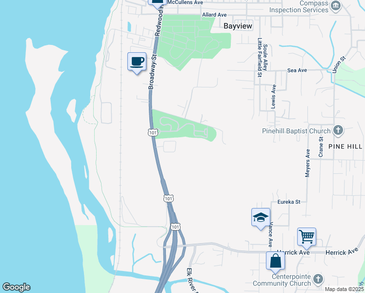 map of restaurants, bars, coffee shops, grocery stores, and more near 4325 Broadway Street in Eureka