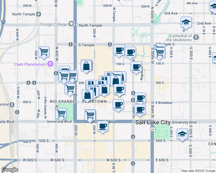 map of restaurants, bars, coffee shops, grocery stores, and more near 206 South West Temple Street in Salt Lake City