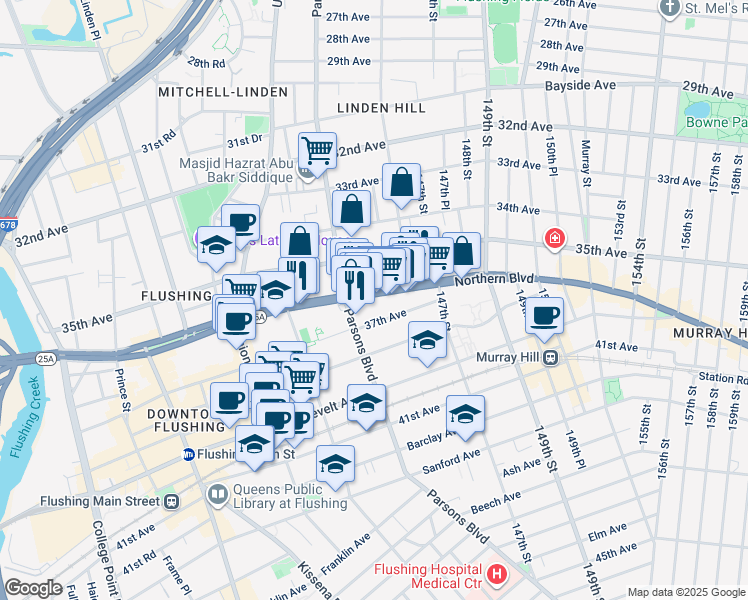 map of restaurants, bars, coffee shops, grocery stores, and more near 36-25 Parsons Boulevard in Queens
