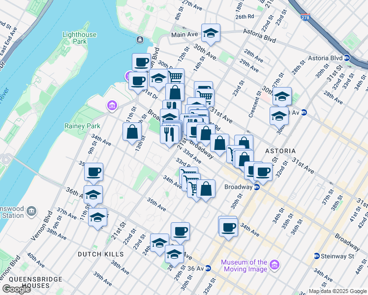 map of restaurants, bars, coffee shops, grocery stores, and more near 21-17 33rd Road in Queens