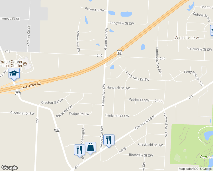 map of restaurants, bars, coffee shops, grocery stores, and more near 2956 Genoa Avenue Southwest in Canton