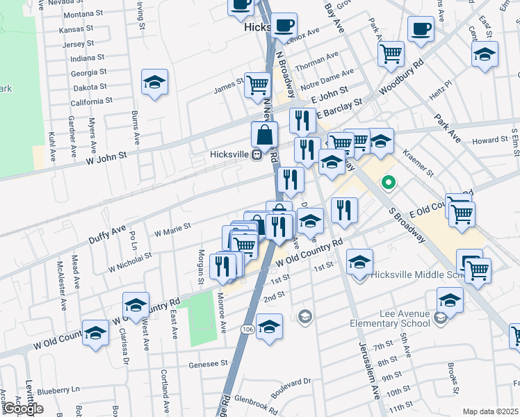 map of restaurants, bars, coffee shops, grocery stores, and more near 129 West Marie Street in Hicksville