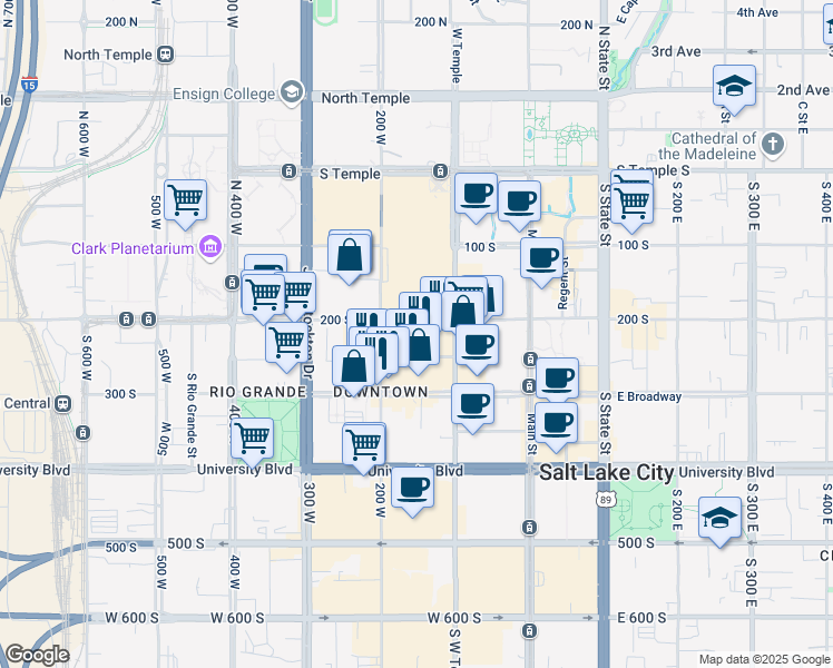 map of restaurants, bars, coffee shops, grocery stores, and more near 143 West 200 South in Salt Lake City