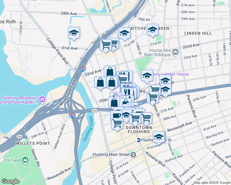 map of restaurants, bars, coffee shops, grocery stores, and more near 134-4 35th Avenue in Queens