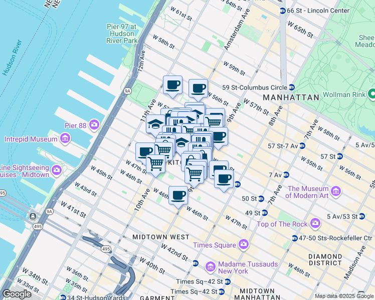 map of restaurants, bars, coffee shops, grocery stores, and more near 439 West 49th Street in New York