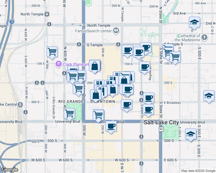 map of restaurants, bars, coffee shops, grocery stores, and more near 163 West 200 South in Salt Lake City