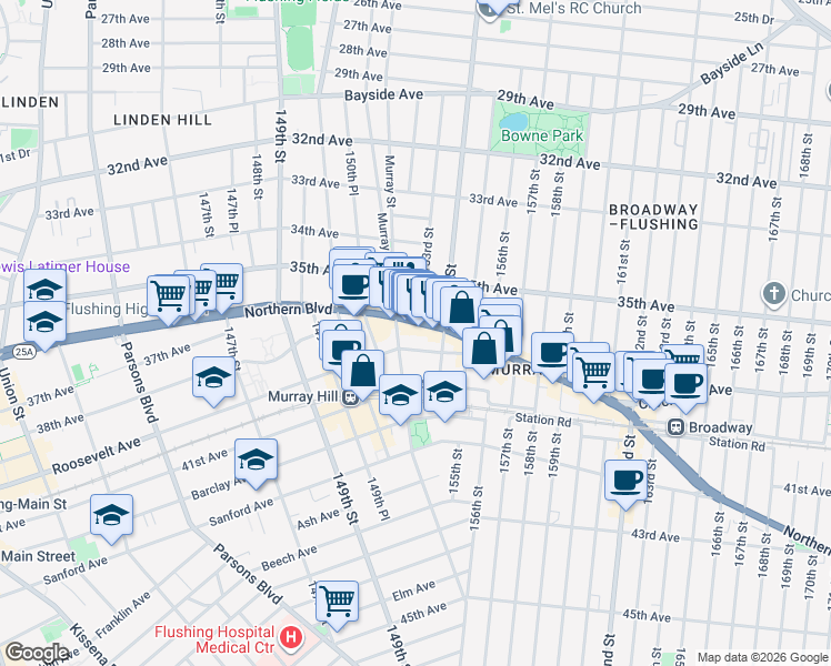 map of restaurants, bars, coffee shops, grocery stores, and more near 152-16 Roosevelt Avenue in Queens