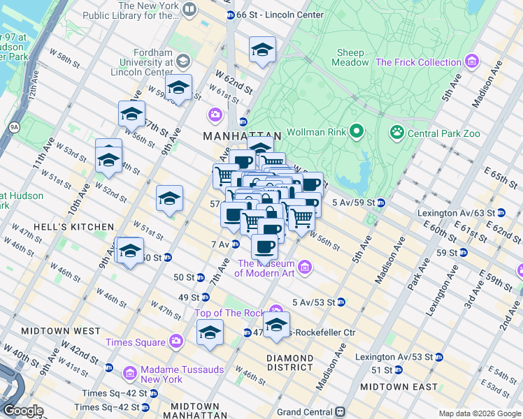 map of restaurants, bars, coffee shops, grocery stores, and more near 145 West 55th Street in New York